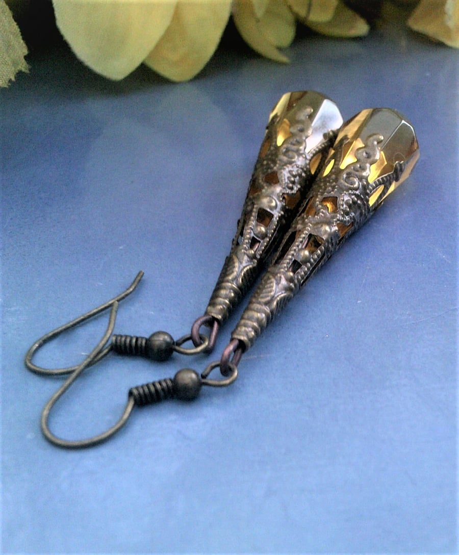 Golden Amber Glass Earrings, Long Dangle Antique Bronze Earrings