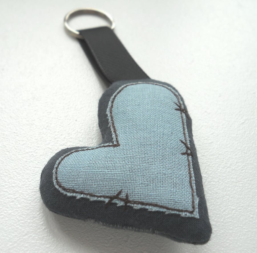 applique embroidered heart keyring key fob hanging decoration GREY BLUE LINEN