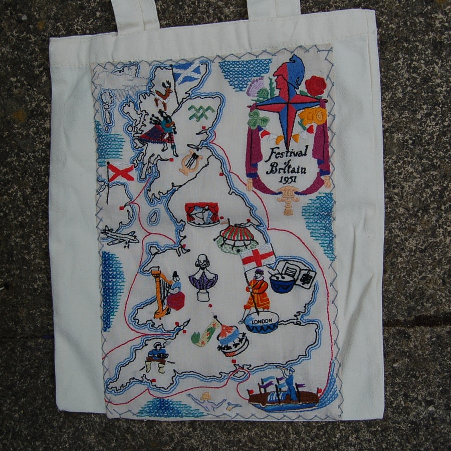 New Tote bag decorated with vintage embroidery - Festival of Britain 1951