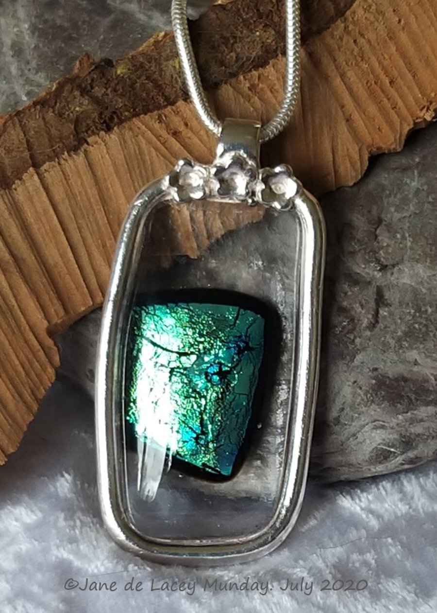 Teal Dichroic and Clear Glass Fine Silver Pendant