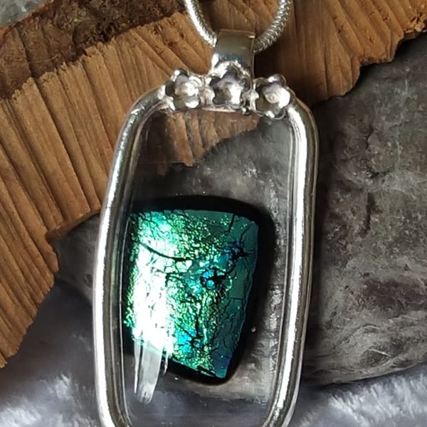 Teal Dichroic and Clear Glass Fine Silver Pendant