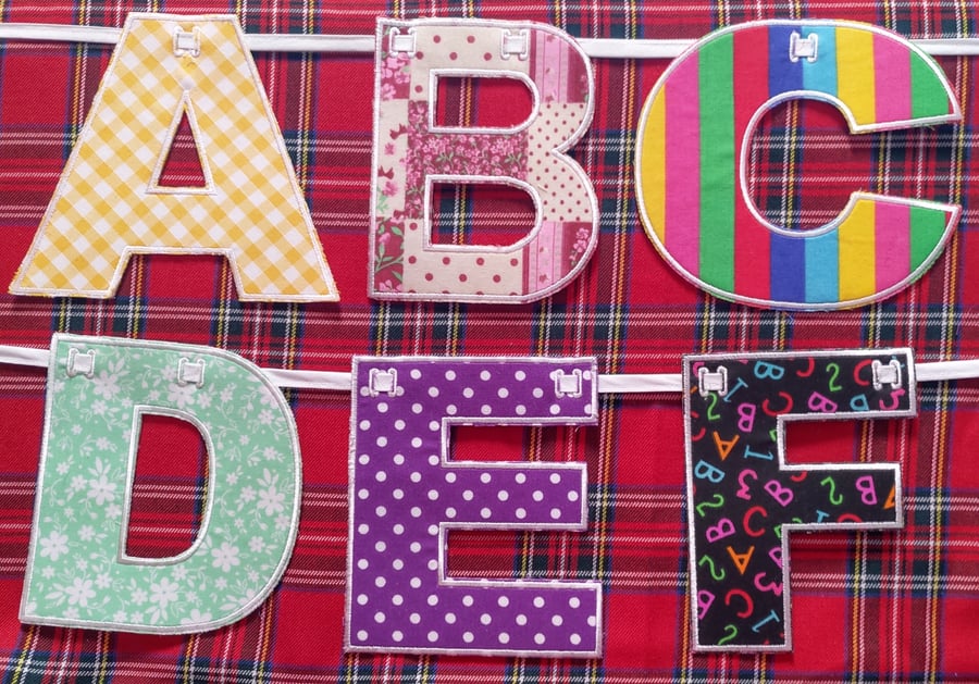 Alphabet Capital Letters Bunting Embroidered - mixed fabric colours and designs 