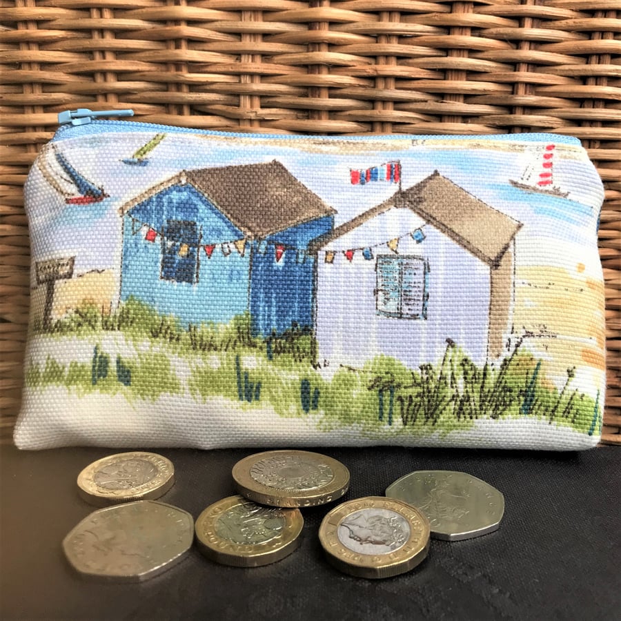 Large purse, coin purse in cream with two beach huts