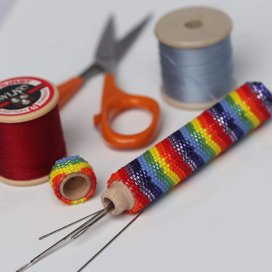Long Beaded Wooden Needlecase in Rainbow Pattern