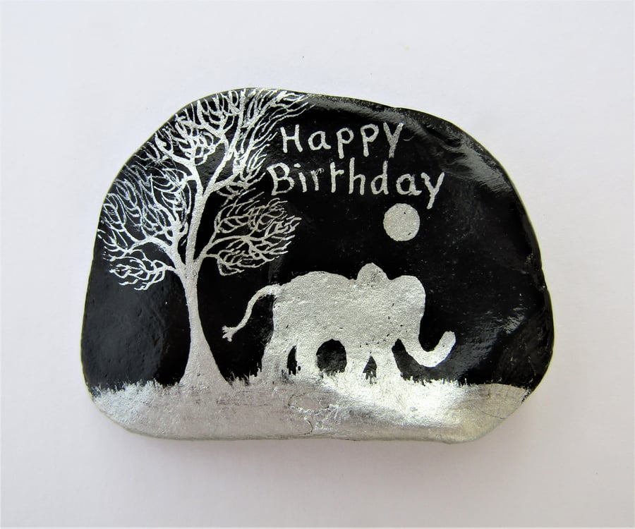 Elephant Birthday Card, Elephant Tree Painted on Shell, Unique Art Card Seashell