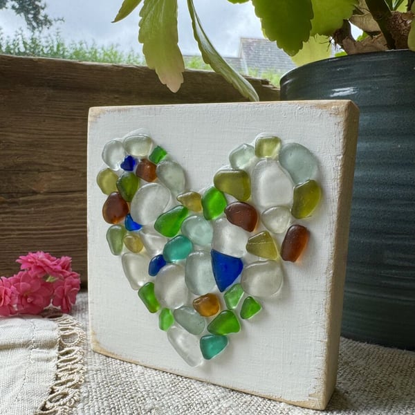 Cornish Sea Glass Heart Wooden Plaque Freestanding Decoration 