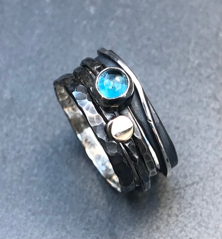 Olde London Stack Ring, topaz stack ring, oxidised stack ring, blue topaz ring, 