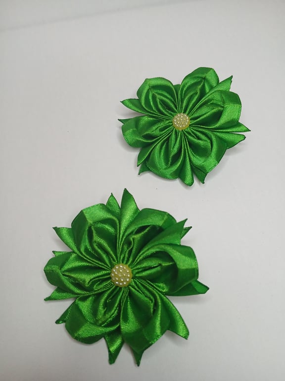 Pair of Green Satin Hair Flowers - Elastic Hair Bands for Pigtails 