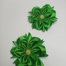 Pair of Green Satin Hair Flowers - Elastic Hair Bands for Pigtails 