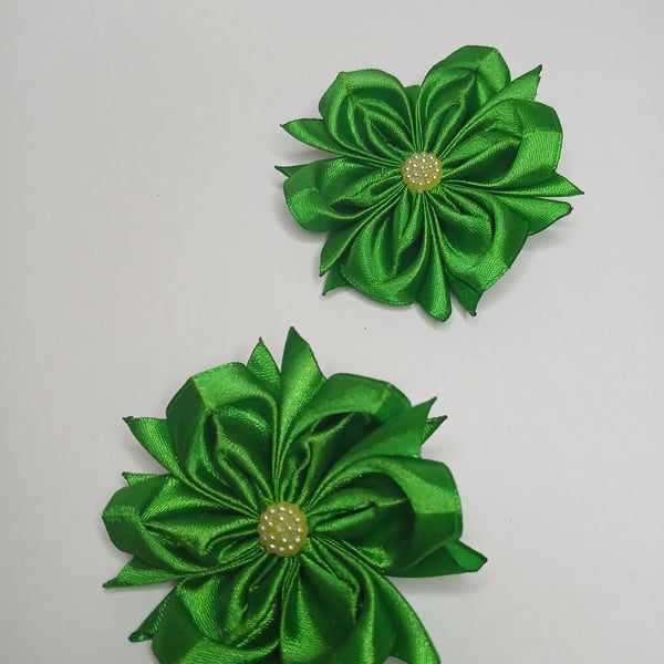 Pair of Green Satin Hair Flowers - Elastic Hair Bands for Pigtails 