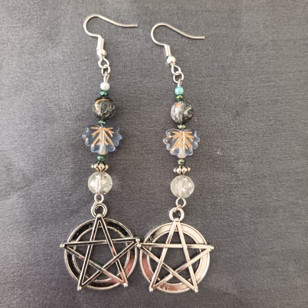 Beaded silver pentacle dangle earrings with icy leaves 