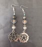 Beaded silver pentacle dangle earrings with icy leaves  - Image 1