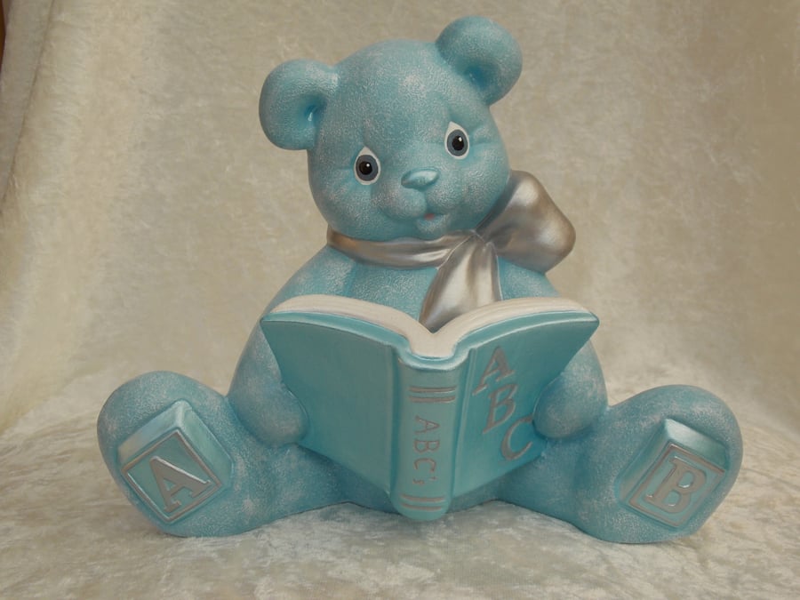 Ceramic Hand Painted Blue Teddy Bear Animal Figurine Money Box Savings Bank.