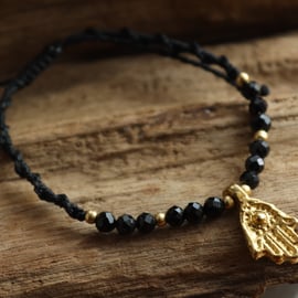 Women's bracelet with natural stone Tourmaline and brass hamsa hand 