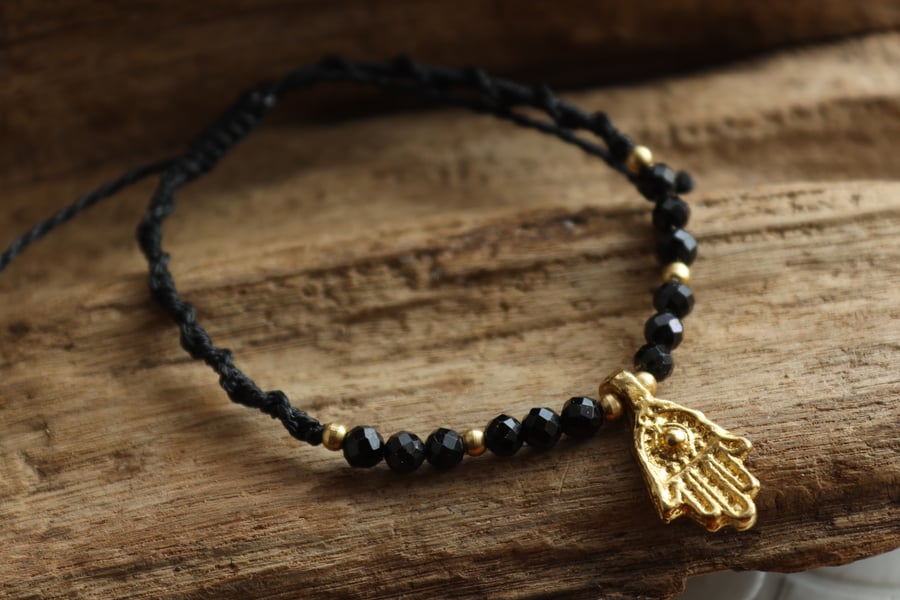 Women's bracelet with natural stone Tourmaline and brass hamsa hand 