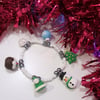 Retro Christmas themed charm bracelet WHITE BEADS handmade, unique,quirky, novel