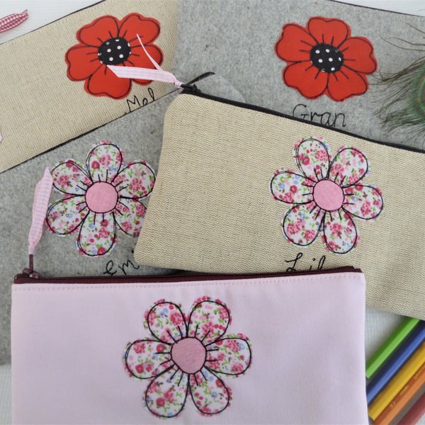 Personalised Girls Pencil Case with Flower Poppy Applique - Choice of Fabric