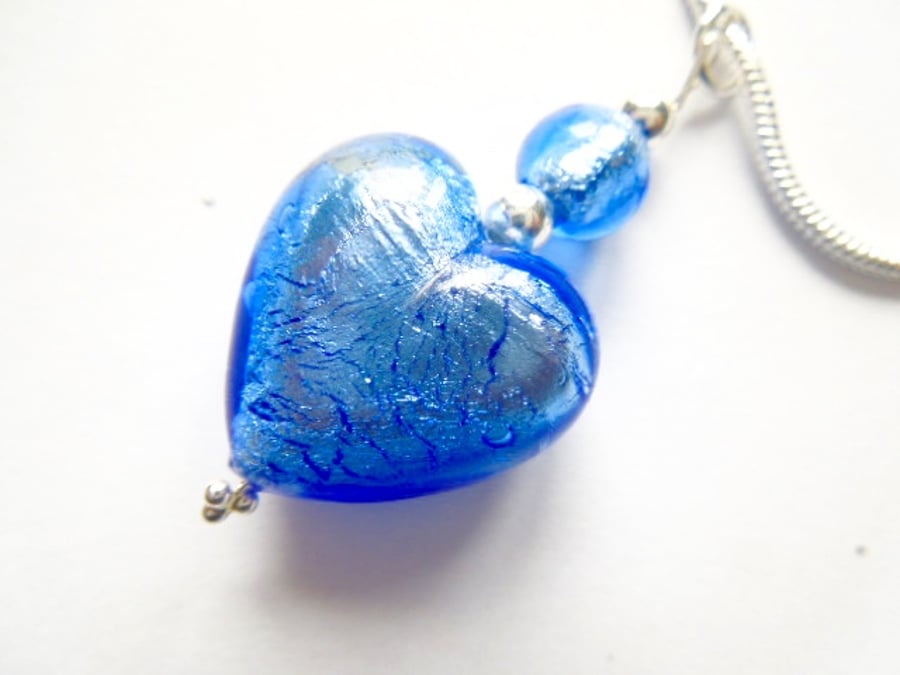 Murano glass blue heart pendant with sterling silver.
