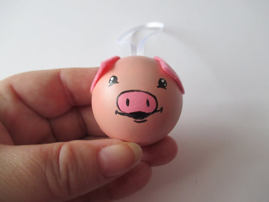 Pink Pig Piggy Hanging Decoration Christmas Tree Bauble Wood Wooden Hand Painted