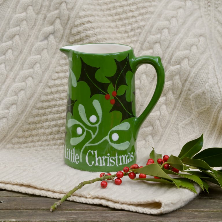 Christmas Holly and Mistletoe Farmhouse Jug with wording - Hand Painted