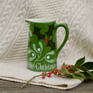 Christmas Holly and Mistletoe Farmhouse Jug with wording - Hand Painted