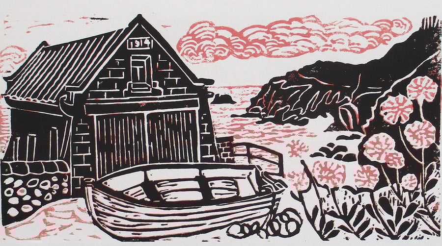 Lizard Old Lifeboat Station, Cornwall - Original Linocut Hand Pressed Ltd Ed 
