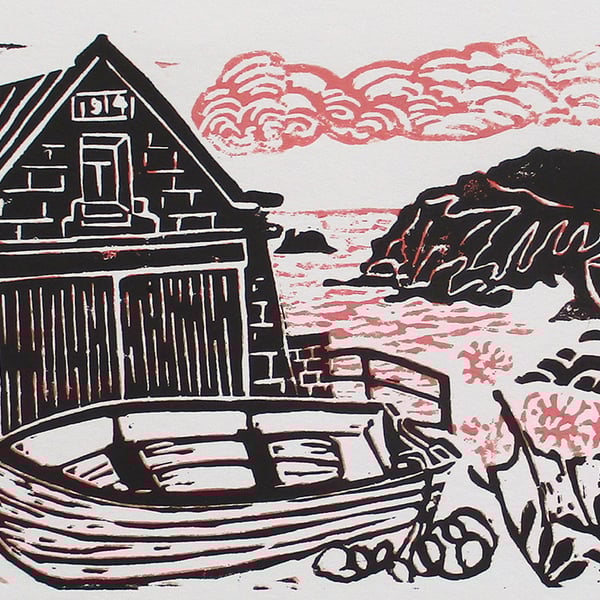 Lizard Old Lifeboat Station, Cornwall - Original Linocut Hand Pressed Ltd Ed 