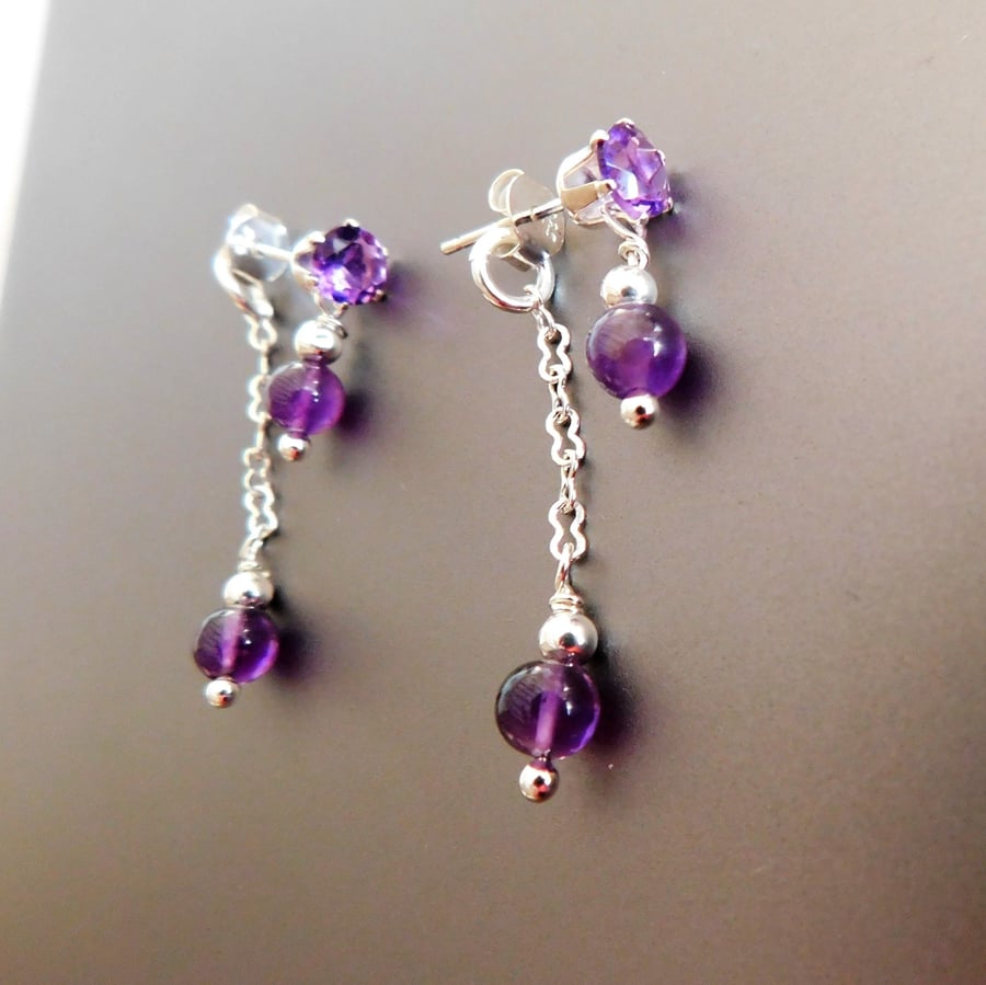 Amethyst 925 Sterling Silver Double Drop Stud Earring