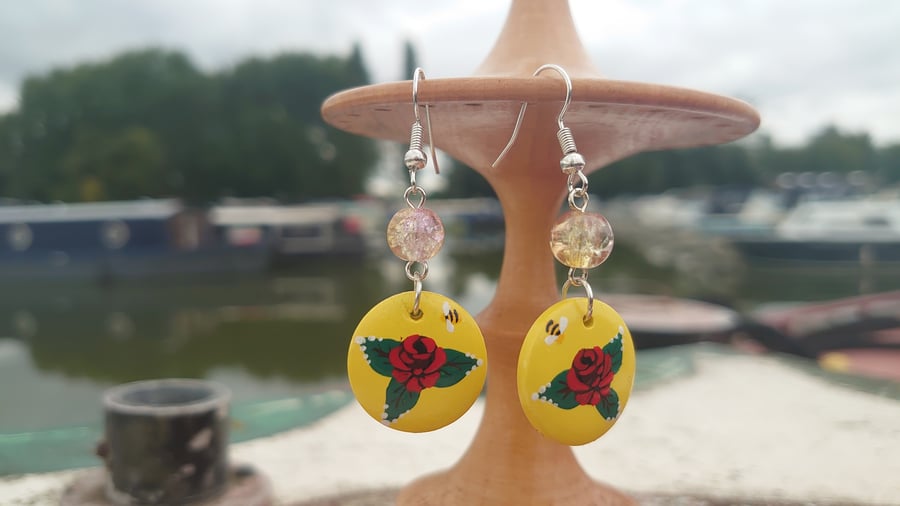 Hand painted Rose on Wooden Earrings 