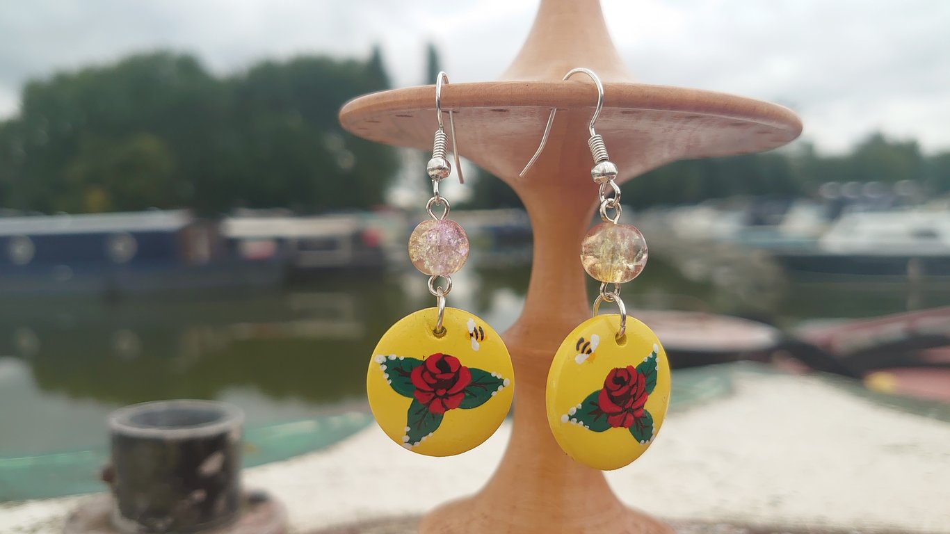 Hand painted Rose on Wooden Earrings 