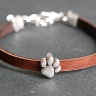 Leather bracelet - dog paw dark brown silver