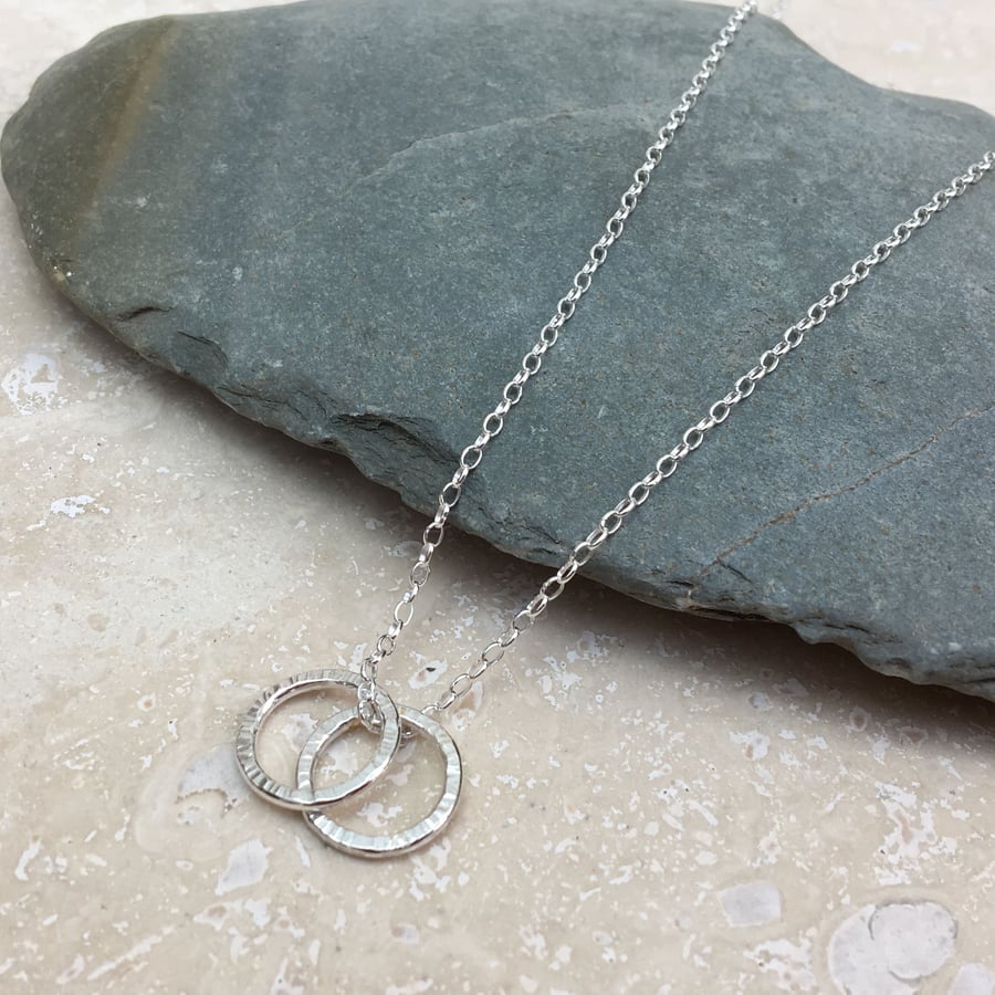 Sterling Silver Two Double Hammered Ring Necklace - NEK035