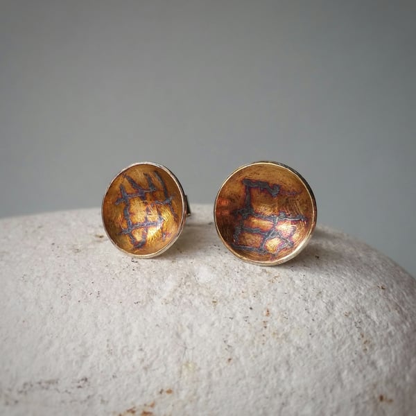 Nature inspired  Handmade Textured Silver Stud Earrings With Gold  