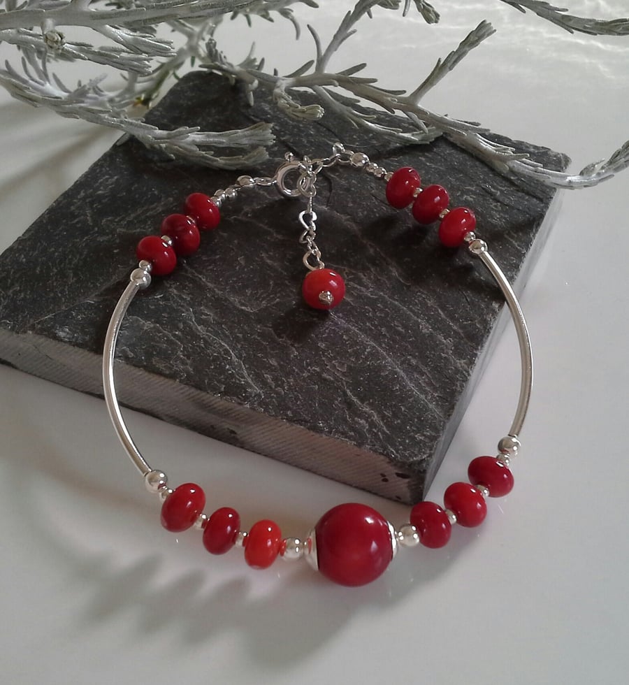 Eco Reclaimed Red Coral Sterling Silver Bracelet 