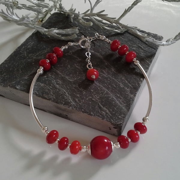 Eco Reclaimed Red Coral Sterling Silver Bracelet 