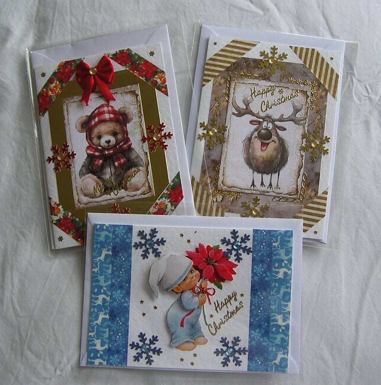 Set of 3 (Three) Beautiful Hand-Crafted Christmas Decoupage Greeting Cards (h)