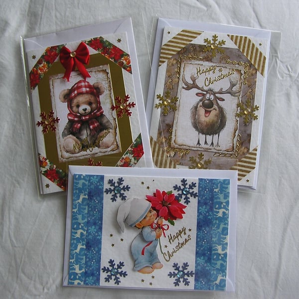 Set of 3 (Three) Beautiful Hand-Crafted Christmas Decoupage Greeting Cards (h)