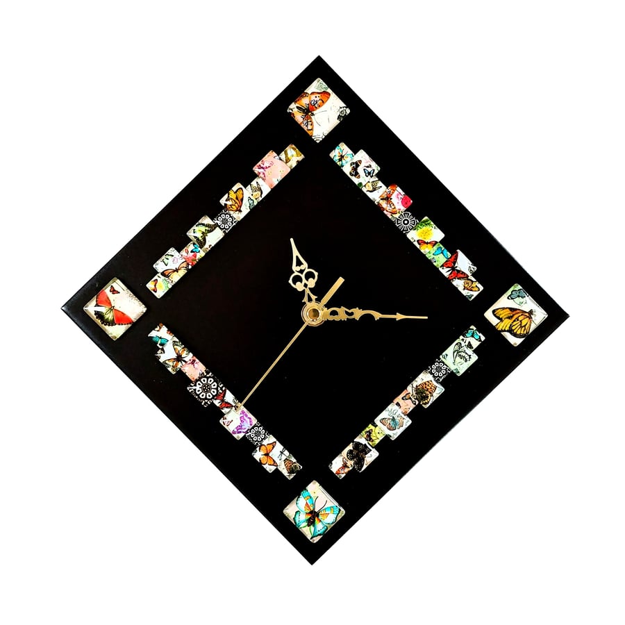 Black Diamond Butterfly Cabochon Wall Clock 28cm x 28cm