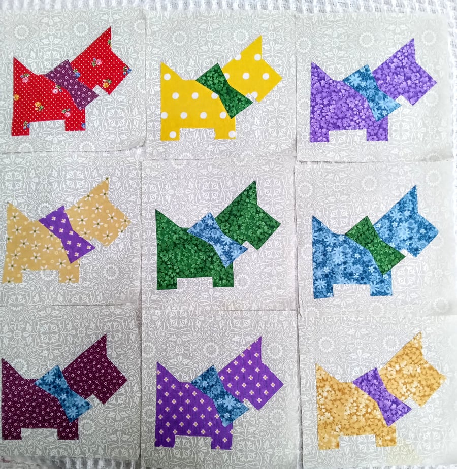 9 appliqued cute assorted SCOTTIE DOG patchwork blocks