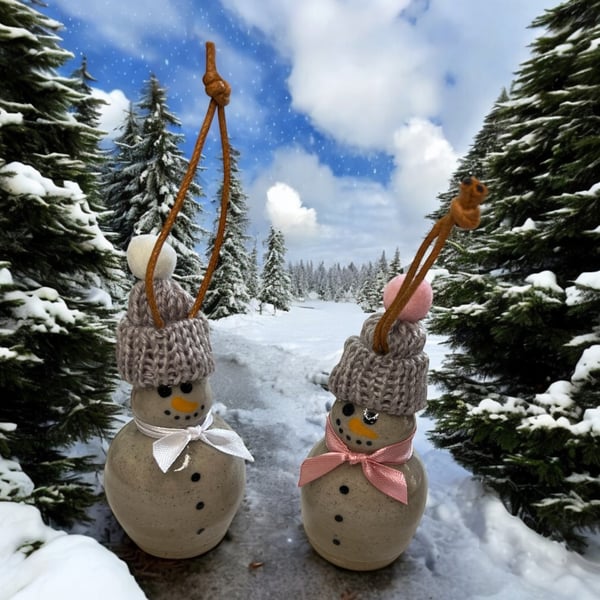 Set of 2 hand crafted hanging Christmas Tree Snowmen