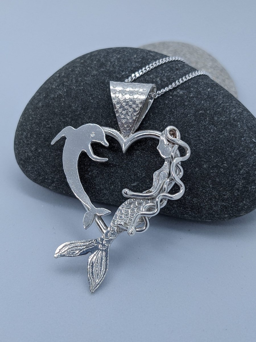 Beautiful sterling silver pendant, Handmade silver mermaid pendant, Dolphin pend