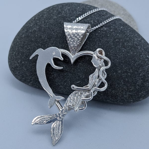 Beautiful sterling silver pendant, Handmade silver mermaid pendant, Dolphin pend