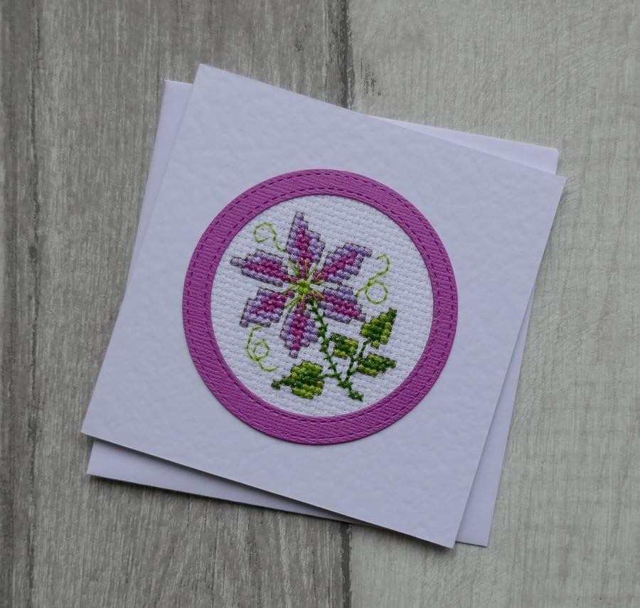 Cross Stitch Pink and Lilac Clematis - Blank Greetings Card