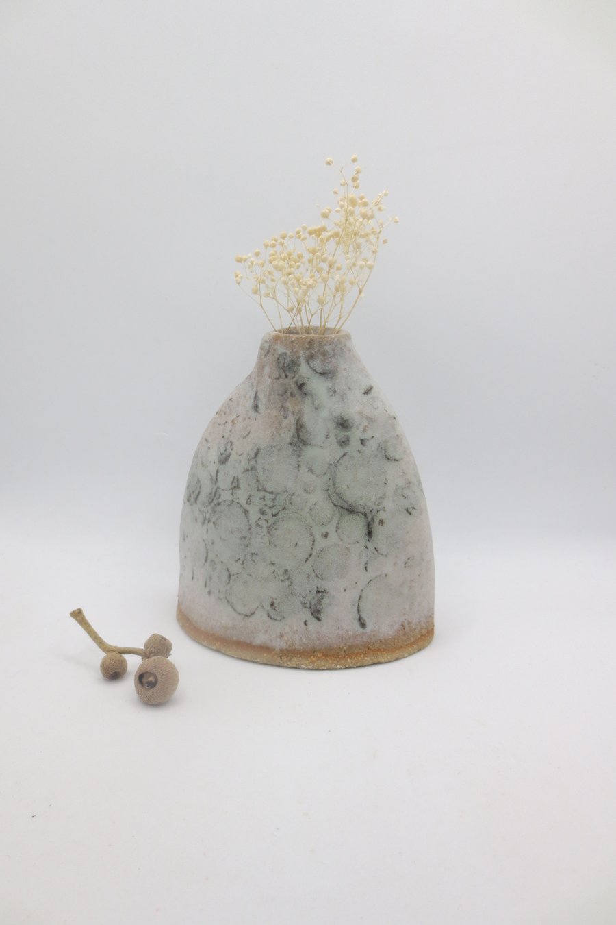 BUD VASE hand-built small stoneware pottery vase in white and sage green