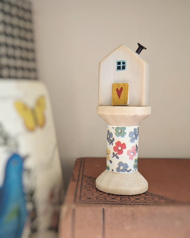 Little Wooden House on a Floral Wooden Bobbin 