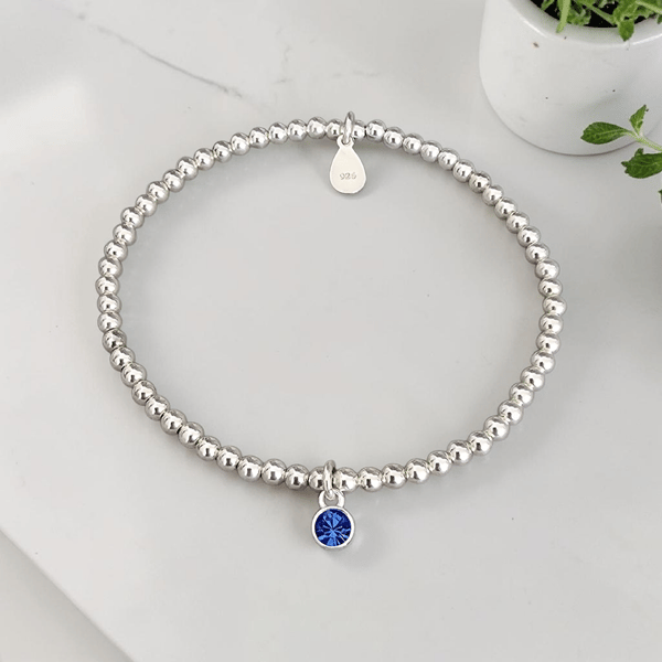 Sterling Silver Birthstone Charm Beaded Stretch Bracelet 925