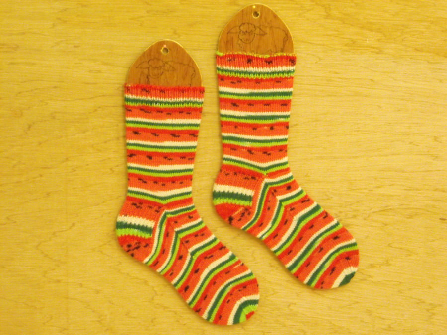 Hand knitted socks MEDIUM size 5-7 LIMITED EDITION WATERMELON DESIGN