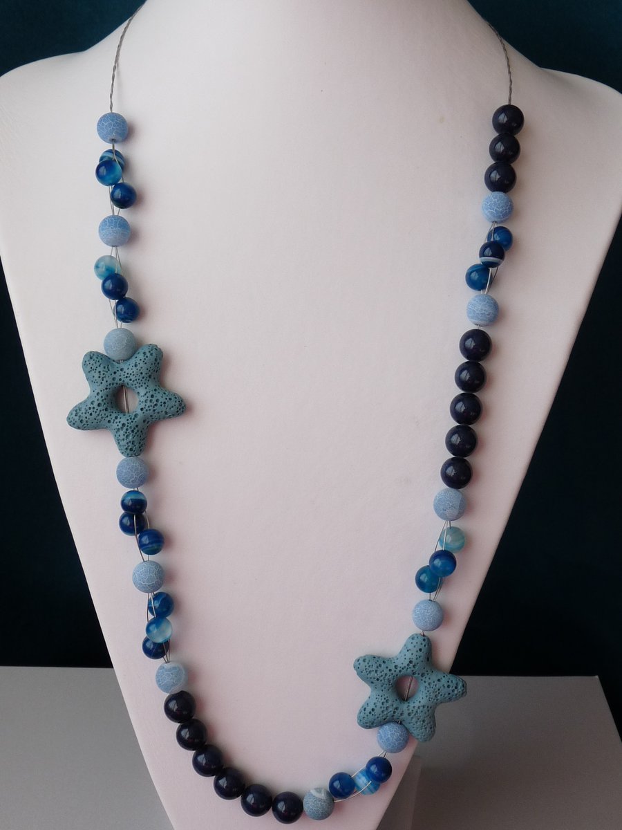 Blue Agate & Lava Rock Star Necklace  - Sterling Silver - Handmade 