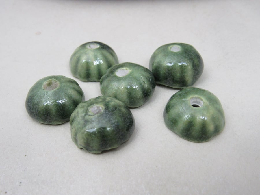 6 Small Forest Green Half-round Ceramic Flower Beads