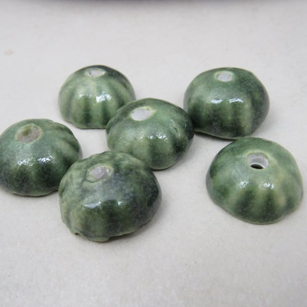 6 Small Forest Green Half-round Ceramic Flower Beads